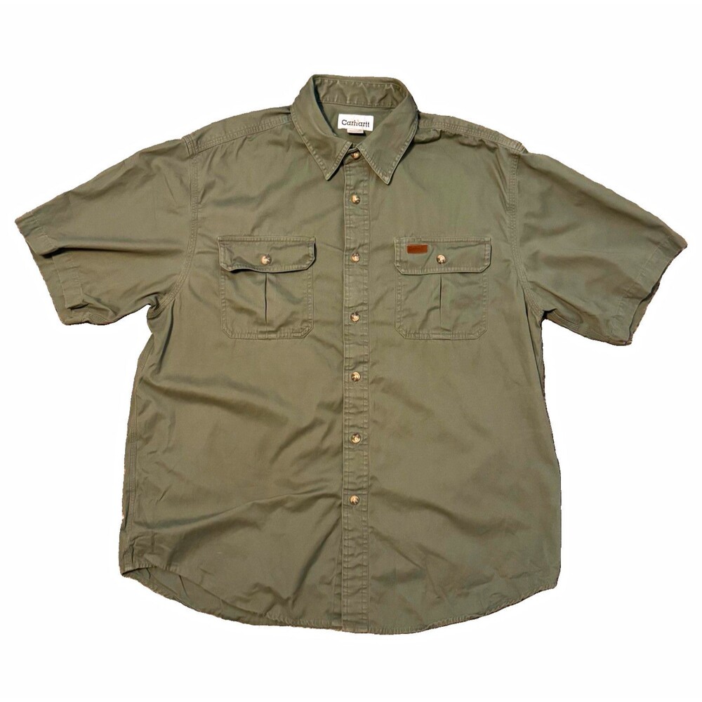 VTG Carhartt Shirt Mens L Green Solid Woven Cotton Short Sleeve Button-Up